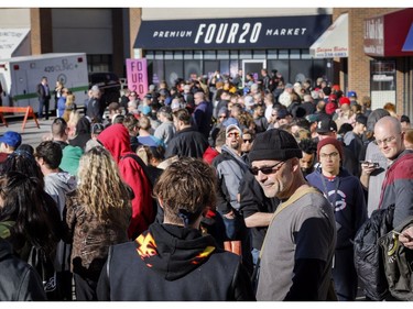 People line-up to purchase legal cannabis in Calgary, Alta., Wednesday, Oct. 17, 2018.