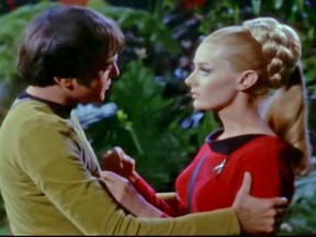 In a 1967 Star Trek episode, Chekov (Walter Koening) falls in love with Yeoman Martha Landon (Celeste Yarnall) in the USS Enterprise.