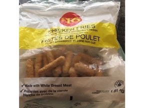 The Canadian Food Inspection Agency is advising the public that Loblaw Companies Limited is recalling certain $10 Chicken Fries from the marketplace due to possible Salmonella contamination. An example of "chicken fries" in a 1.81kg bag is seen in an undated handout photo.