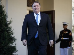 Secretary of State Mike Pompeo arrives to speak with reporters about the murder of journalist Jamal Khashoggi, after meeting with President Donald Trump in the Oval Office of the White House, Thursday, Oct. 18, 2018, in Washington.