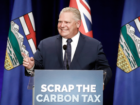 Ontario Premier Doug Ford speaks at an anti-carbon tax rally in Calgary, Oct. 5, 2018.