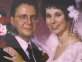 Orlanda Drebit, with her late husband Donald Sutherland, on their wedding day in 1991. Drebit says she believes her wedding ring and several other rings her husband gave her were found in a board game purchased from a thrift store in Charlottetown.