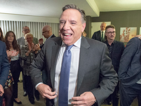 Coalition Avenir du Quebec leader and premier-elect Francois Legault celebrates with supporters after winning the Quebec Provincial election in Quebec City on Oct. 1, 2018.