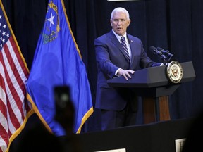 Vice President Mike Pence speaks in support of Cresent Hardy, Republican candidate for the 4th Congressional District, during a campaign event at the Sands Showroom in The Venetian in Las Vegas on Saturday, Oct. 27, 2018.