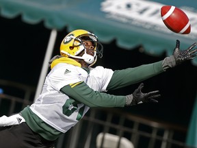 Edmonton Eskimos slotback D'haquille Williams reaches for the ball during team practice in Edmonton on Thursday, Oct. 11, 2018. The Eskimos play the Ottawa Redblacks in Edmonton on Saturday, Oct. 13, 2018.