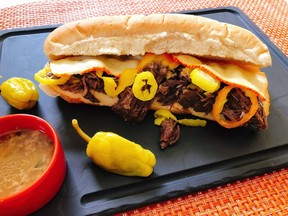 Pickled pepper pull-apart beef hoagie. This dish is from a recipe by Elizabeth Karmel.