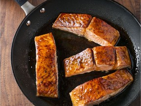 Honey-lime glazed roast salmon. This recipe appears in the cookbook "How to Roast Everything.