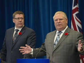 Saskatchewan Premier Scott Moe (left) and Ontario Premier Doug Ford hold a joint news conference after a meeting at Queen's Park in Toronto on Monday, October 29, 2018.