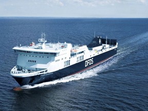 The undated photo provided in the photo library on the website of DFDS shows the vessel Regina Seaways. The ferry with 294 passengers on board was stranded in the Baltic Sea on Tuesday, Oct. 2, 2018 after an engine breakdown. The malfunction aboard the Regina Seaways produced smoke, which triggered the ship's fire extinguishing system in the engine room, DFDS said in a statement. (DFDS A/S via AP)