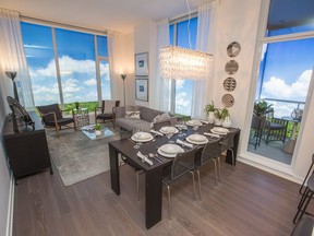 Dining and sitting area in display model in the presentation centre for the River Terraces at Greystone Village.