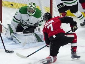 Ottawa Senators left wing Brady Tkachuk fires on the net of Dallas Stars goaltender Ben Bishop during second period NHL action Monday October 15, 2018 in Ottawa.