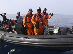 Rescuers continue search operation in the waters of Ujung Karawang, West Java, Indonesia after a Lion Air plane crashed into the sea Monday, Oct. 29, 2018.