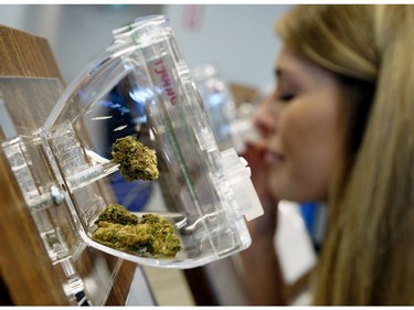 Brianna Koversky sniffs a sample of cannabis at the Nova Cannabis retail outlet in Edmonton on Wednesday October 17, 2018, the first day that cannabis became legal in the country.