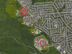 Students from École secondaire Mont-Bleu, top, will move to the federal Asticou Centre, in lower red circle, in December.