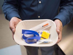 An injection kit is seen inside the Fraser Health supervised consumption site in Surrey, B.C., in this file photo.
