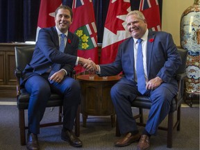 Conservative Party of Canada leader and Official Opposition leader Andrew Scheer (left), visits Ontario Premier Doug Ford at Queen's Park in Toronto.