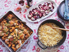 Clockwise from left: Celebration Chicken with Sweet Potatoes and Dates, Beet Salad with Poppy Seed and Chive Dressing, and Baked Saffron Rice from Now & Again.