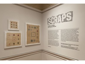 This photo provided by the Cooper Hewitt, Smithsonian Design Museum, shows an installation view of the exhibit "Scraps: Fashion, Textiles, and Creative Reuse," at the museum in New York. The exhibition is no longer on view at Cooper Hewitt and is currently traveling and on display at the Palm Springs Art Museum Architecture and Design Center. From cigarette butts to old pens, all kinds of waste that formerly was destined for landfills is now being recycled or "upcycled," finding its way onto runways and into museums and homes.