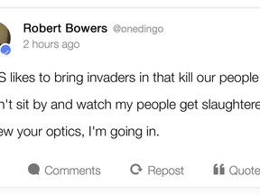 This image shows a portion of an archived webpage from the social media website Gab, with a Saturday, Oct. 27, 2018 posting by Pittsburgh synagogue shooting suspect Robert Bowers. HIAS, mentioned in the posting, is a Maryland-based nonprofit group that helps refugees around the world find safety and freedom. (AP Photo)