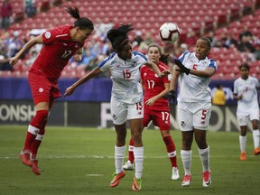 Canada's Christine Sinclair, left, heads the ball into the net for one of her two goals against Panama on Sunday at Frisco, Texas.