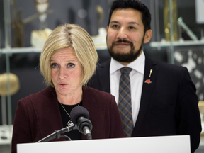 Alberta Premier Rachel Notley speaks to reporters on Oct. 3, 2018 in Edmonton.