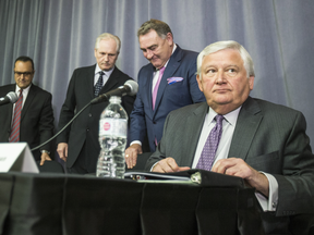 Brian Greenspan, right, lawyer for the family of Barry and Honey Sherman, joined by several members of his investigative team prepares to update media on the investigation into their murders during a press conference on Oct. 26, 2018.