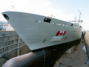 The naval support ship Asterix is unveiled at a ceremony at the Davie shipyard in Levis, Que., on July 20, 2017.