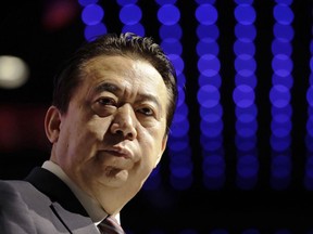 In this July 4, 2017 file photo, Interpol President, Meng Hongwei, delivers his opening address at the Interpol World congress in Singapore. A French judicial official says Friday Oct.5, 2018 the president of Interpol has been reported missing after traveling to China.