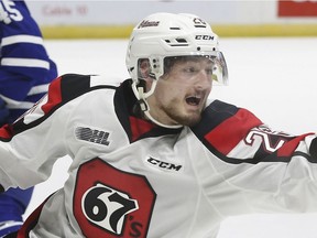 Tye Felhaber scored two goals and assisted on one in the 67's victory against the Greyhounds on Sunday. Stan Behal/Postmedia