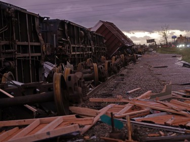 Derailed box cars are seen in the aftermath of Hurricane Michael in Panama City, Fla., Wednesday, Oct. 10, 2018.