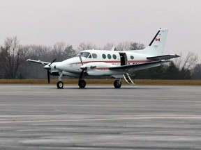 A twin-turbo prop Beechcraft King Air 90 sits on the tarmac at Norman Rogers Airport in Kingston, Ont. on Thursday April 6, 2017.