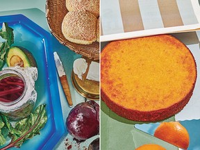 Root-to-Leaf Beet Burgers, left, and Whole Orange Almond Cake from Waste Not by the James Beard Foundation.