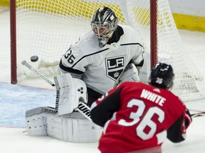 Senators centre Colin White scores on Los Angeles Kings goaltender Jack Campbell on Saturday afternoon at Canadian Tire Centre,.