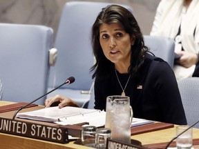 FILE - In this Sept. 17, 2018 file photo, U.S. Ambassador Nikki Haley addresses the United Nations Security Council at U.N. headquarters.