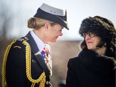 Governor General Julie Payette talks with Silver Cross Mother Anita Cenerini during a Remembrance Day ceremony at the National War Memorial in Ottawa on Sunday, November 11, 2018.