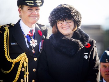Governor General Julie Payette and Silver Cross Mother Anita Cenerini during a Remembrance Day ceremony at the National War Memorial in Ottawa on Sunday, November 11, 2018.