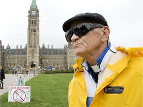 OTTAWA, ONTARIO: May 29, 2013 -- Catholic priest Father Tony Van Hee has been maintaining his vigil against abortion on Parliament Hill for the last 24 years, taking up his post near the Centennial Flame anytime the House of Commons is sitting.