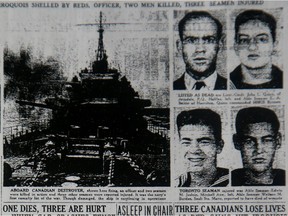 Newspaper article about Iroquois tragedy in 1952. Sanford (Sam) Jamieson, 93, joined the navy at 19 years old during WWII and re-enlisted during the Korean War. He recalls the tragedy on HMCS Iroquois in 1952, when it was hit by a mortar from Korea, killing three and injuring ten. One of his mates saved his life, he says. He retired after 34 years of service and now lives at the Perley Rideau Retirement home in Ottawa.