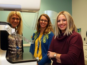 r. Jean Seely, left, head of the breast imaging section of the medical imaging department of at The Ottawa Hospital, Dr. Erin Cordeiro, breast surgical oncologist and patient Gina Mertikas at the new Rose Ages Breast Health Centre.
