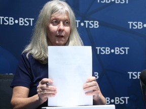 Beverley Harvey of Transportation Safety Board of Canada (TSB) gives a briefing on its investigation (A18O0150) into the 4 November 2018 mid-air collision near the Carp Airport, November 06, 2018.   Photo by Jean Levac/Postmedia   130347