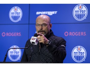 Edmonton Oilers President of Hockey Operations and GM Peter Chiarelli speaks to the media about the team's free agency signings, during a press conference at Rogers Place in Edmonton Sunday July 1, 2018.