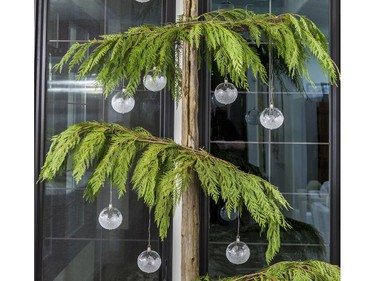 Meant to be reminiscent of a tree by painter Tom Thomson, Jessica Barrett of Mill Street Florist admits the tree in the two-storey kitchen window looks more like something from Whoville, the fictional Dr. Seuss town. It's made using a 11-foot cedar post adorned with B.C. cedar branches and clear German ornaments.