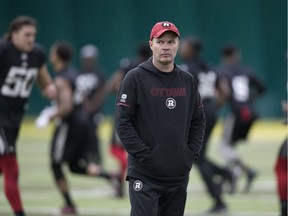 Ottawa Redblacks head coach Rick Campbell takes part in a practice at Foote Field ahead of Sunday's Grey Cup game.