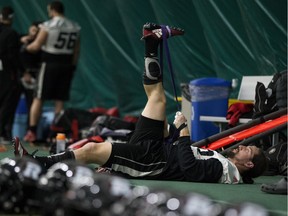 The Ottawa Redblacks' Julian Feoli-Gudino (83) works out on the sideline during a practice at Foote Field ahead of Sunday's Grey Cup against the Calgary Stampeders.