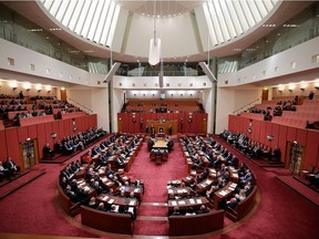CANBERRA, AUSTRALIA - A general view of the reopening of Parliament in the Senate chamber at Parliament House.