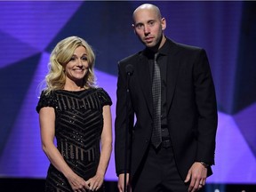 Nicholle and Craig Anderson present the Bill Masterton Memorial Trophy at the 2018 NHL Awards in Las Vegas during June.