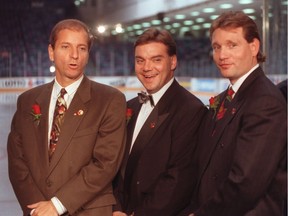 Senators franchise founders, left to right, Bruce Firestone, Randy Sexton and Cyril Leeder pose for a photo at the opening game of the 1992-93 season. The Senators would win 5-3 against the Canadiens that night. Jeff Bassett/Postmedia files