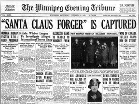 Page 1 of the Winnipeg Evening Tribune announces Lucius Parmelee's arrest in 1934.