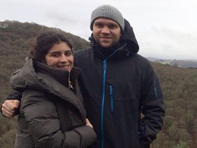 This file handout photo released by the family of British student Matthew Hedges via the Detained in Dubai organization on October 11, 2018 shows him and his wife Daniela Tejada.