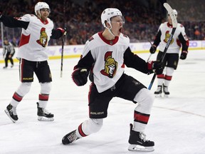 Senators rookie forward Brady Tkachuk celebrates after scoring one of his two third-period goals against the Flyers on Tuesday night.